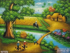 Tranh đồng quê xưa cô gái đi chợ