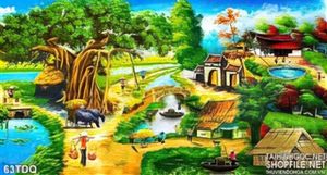 Tranh làng quê sơn dầu cây đa giữa làng