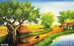 Tranh đồng quê cây đa già  và ngôi nhà lá