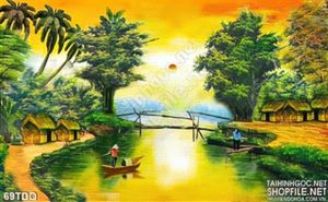 Tranh đồng quê nông thôn dòng sông yên bình