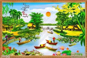 Tranh làng quê người dân chèo thuyền