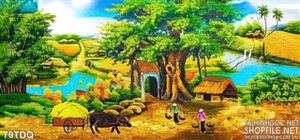 Tranh làng quê psd wall cây đa trước cổng vào làng