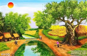 Tranh làng quê decor cây đa cổ thụ bên dòng sông