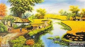 Tranh đồng quê xưa ngôi nhà bên dòng sông quê hương