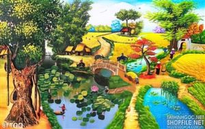 Tranh đồng quê cây đa cổ thụ và đầm hoa sen psd