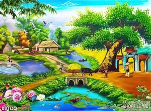 Tranh đồng quê xưa con đường mòn vào cổng làng
