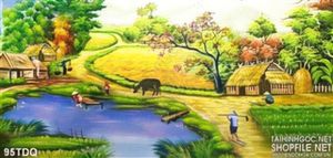 Tranh đồng quê xưa ngôi nhà nhỏ bên cánh đồng