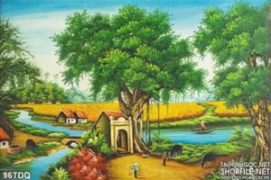 Tranh đồng quê công làng và cây đa lớn