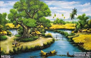 Tranh làng quê dòng sông và cây đa cổ thụ