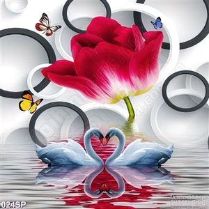 Tranh hoa tulip đỏ và thiên nga