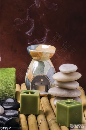 Tranh đẹp in gạch spa cuội và nến xanh