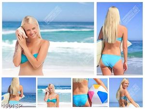 Tranh bộ ghép người mẫu bikini tạo dáng bên bãi biển