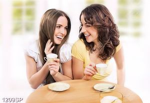 Tranh hai cô gái vui vẻ uống trà buổi sáng