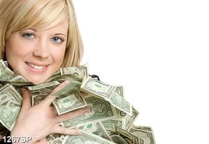 Tranh cô gái tóc vàng với tiền dola trên tay