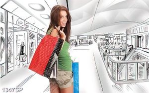 Tranh cô gái trẻ đi mua sắm