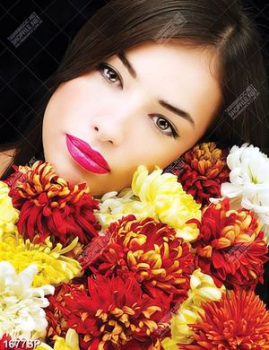 Tranh cô gái bên đóa hoa cúc sắc màu
