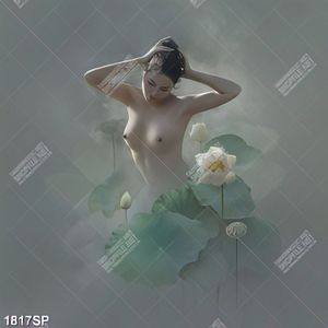 Tranh cô gái khỏa thân trong hồ sen file psd