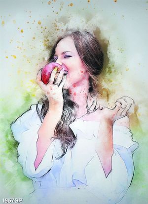 Tranh vẽ cô gái ăn táo đỏ trang trí tường spa