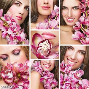 Tranh bộ ghép cô gái xinh đẹp bên cành hoa lan treo tường spa