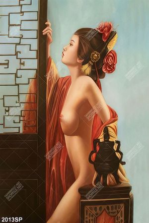 Tranh vẽ người đẹp khỏa thân đứng bên cửa