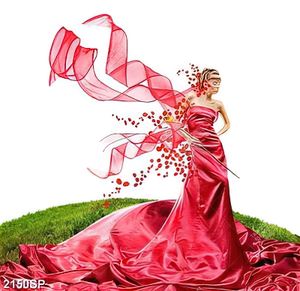 Tranh cô gái mặc váy đỏ đứng trên bãi cỏ treo spa