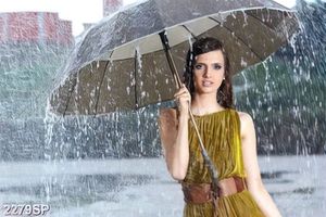 Tranh spa cô gái mặc váy vàng che dù đứng dưới mưa