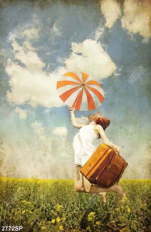 Tranh in canvas cô gái cầm dù nhảy tung treo trang trí