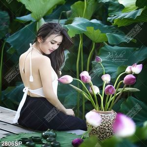 Tranh người đẹp mặc áo yếm bên hồ sen treo spa
