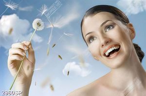 Tranh canvas treo spa cô gái cười rạng rờ bên hoa bồ công anh