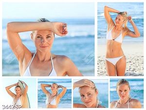 Tranh ghép người mẫu mặc bikini trắng bên bãi biển