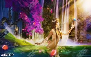 Tranh nghệ thuật cô gái xinh đẹp đứng giữa hồ