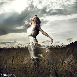 Tranh cô gái đứng giữa cánh đồng cỏ