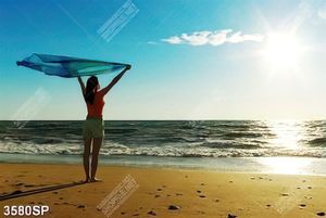 Tranh cô gái tung bay khăn voan bên bãi biển
