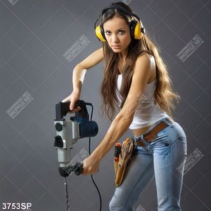 Tranh cô gái trẻ cầm máy khoan