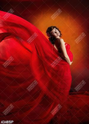 Tranh người đẹp mặc váy voan đỏ
