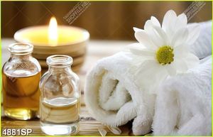 Tranh tinh dầu và khăn trắng treo trang trí spa