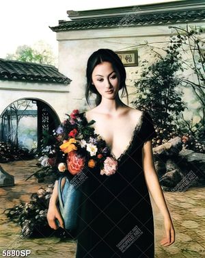 Tranh vẽ cô gái trẻ ôm bình hoa file psd