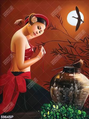 Tranh vẽ thiếu nữ bên chum nước