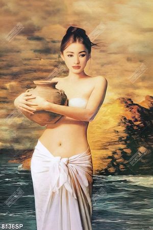 Tranh vẽ thiếu nữ ôm bình gốm