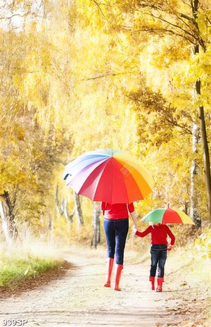 Tranh mẹ và bé đi dười khu rừng mùa thu treo spa