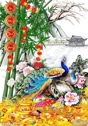 Tranh Tài Lộc, tranh Tết chim Công thư pháp