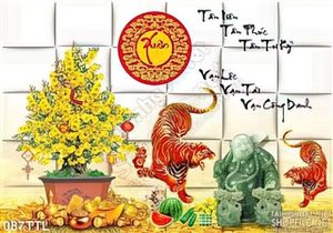 Tranh Tài Lộc, tranh Tết chậu Mai thư pháp