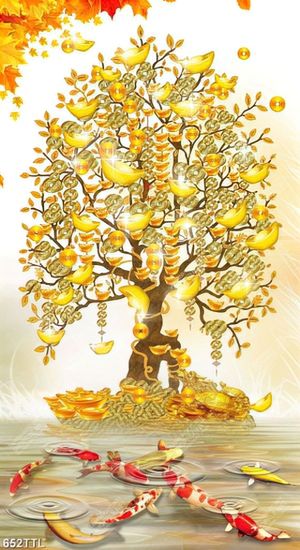Tranh tài lộc cây kim tiền và cá chép khổ dọc trang trí tường