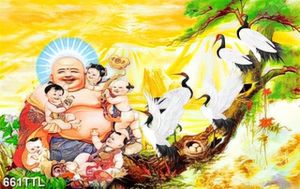 Tranh tài lộc Phật Di Lặc và các tiểu linh đồng bên chim hạc in uv