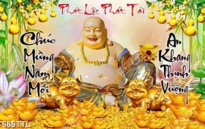 Tranh tài lộc trang trí tết Phật Di Lặc và heo vàng in kính