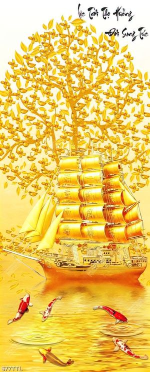 Tranh decor phòng khách cây kim tiền và thuyền vàng cá chép in uv