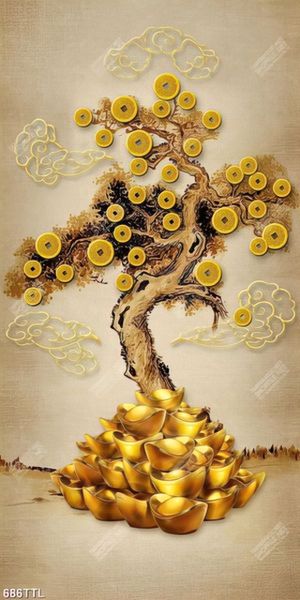 Tranh tài lộc cây kim tiền và núi vàng