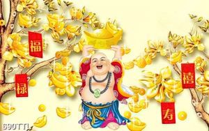 Tranh tài lộc Phật Di Lặc và cây kim tiền trang trí phòng khách
