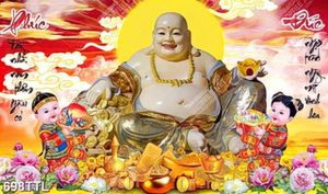 Tranh décor phòng khách ngày tết đến Di Lặc và các tiểu linh đồng in uv