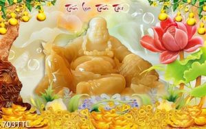 Tranh giả ngọc Phật Di Lặc tấn tài tấn lộc in kính